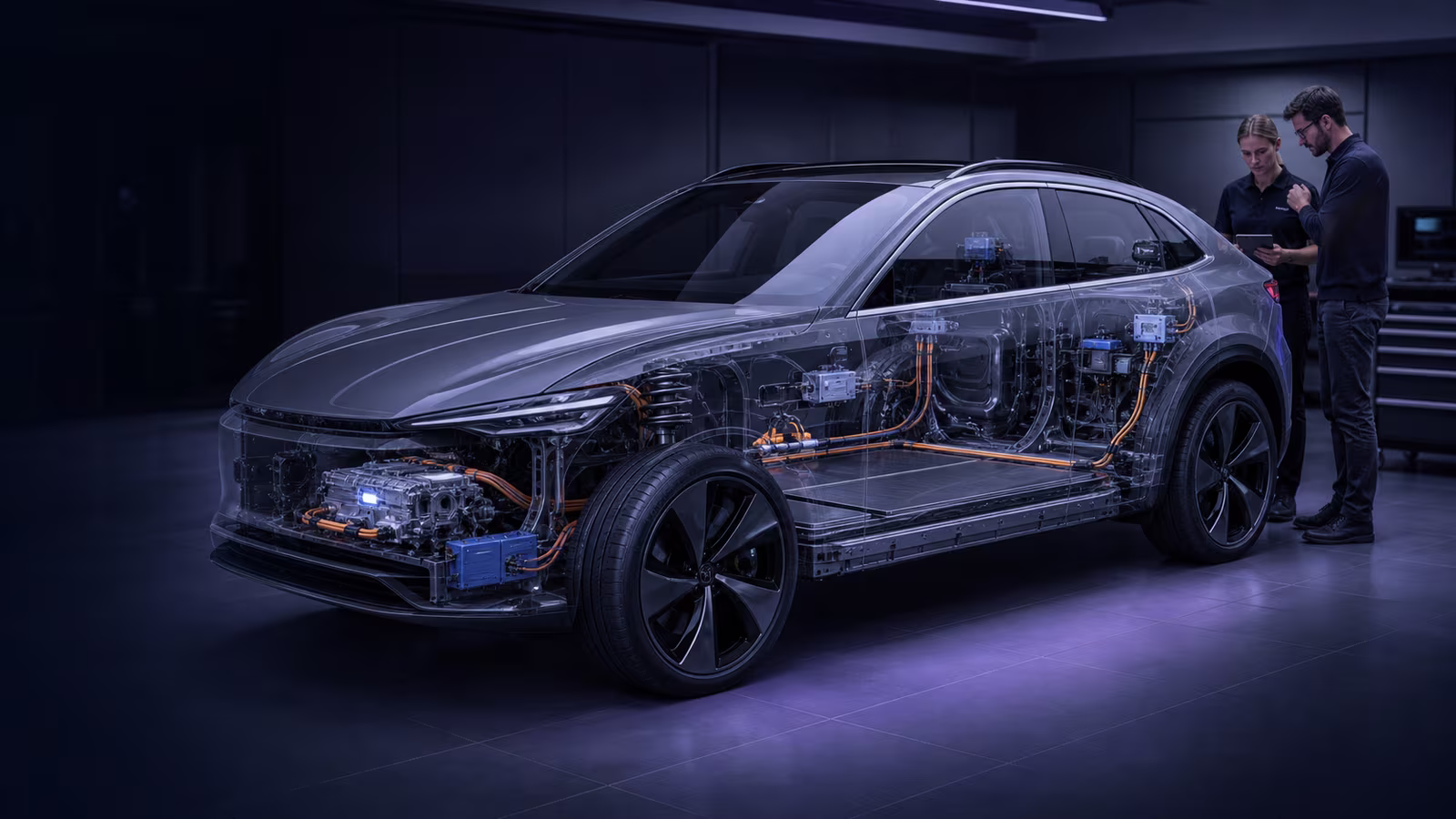 Transparent electric vehicle showing its battery, drive unit and vehicle electronics